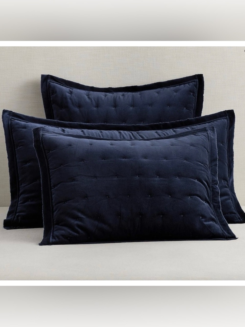 1 NEW Pottery Barn Velvet Tufted Quilted KING Pillow SHAM Dark Blue Raw Edge